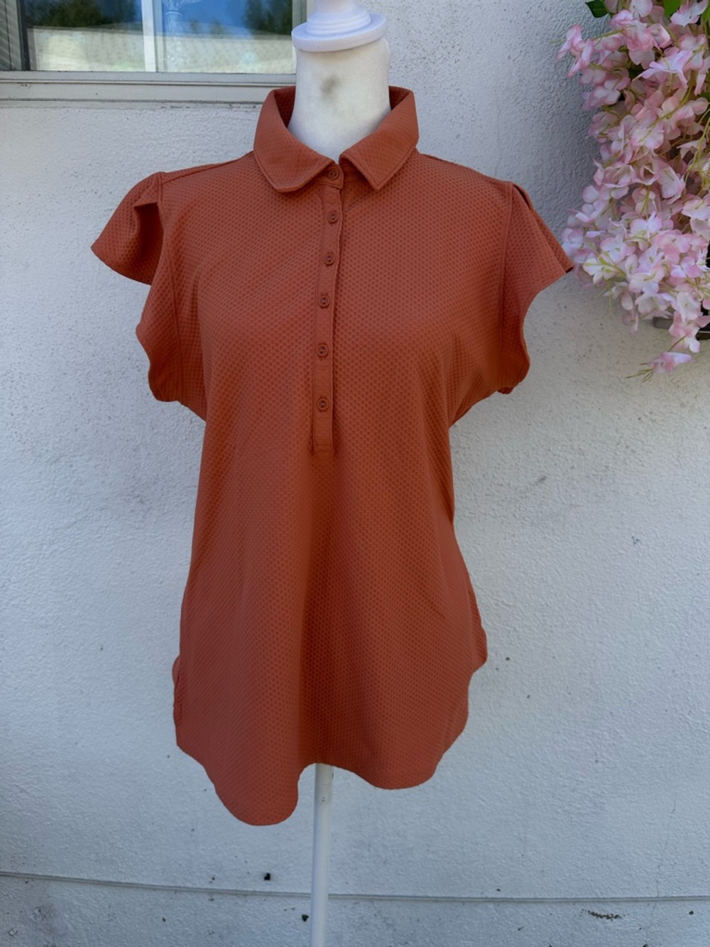 CALIA by Carrie Underwood Rust Orange Button-Down Cap Sleeve Polo